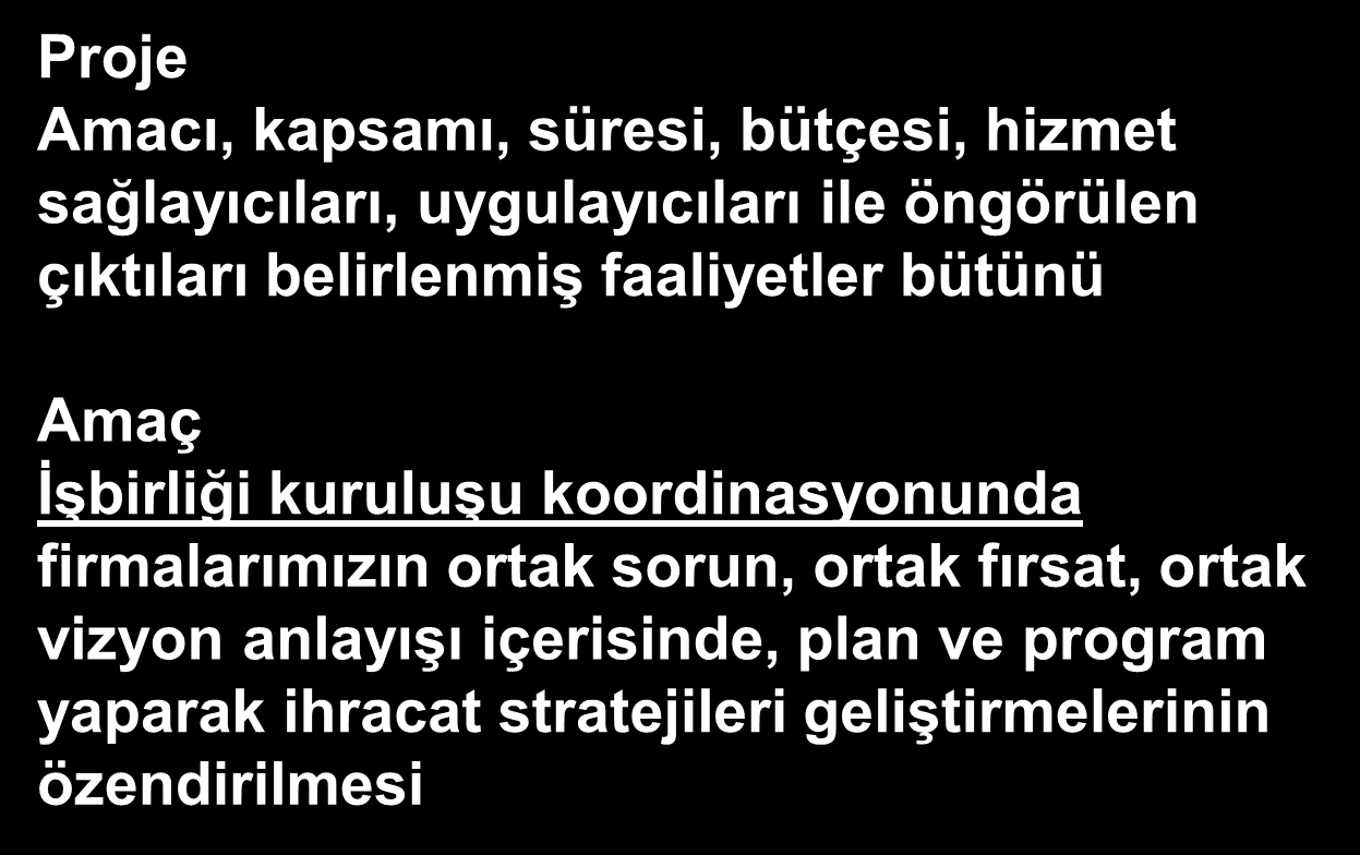 Proje Proje Amacı, kapsamı, süresi, bütçesi, hizmet sağlayıcıları, uygulayıcıları ile öngörülen çıktıları belirlenmiģ faaliyetler bütünü Amaç ĠĢbirliği kuruluģu