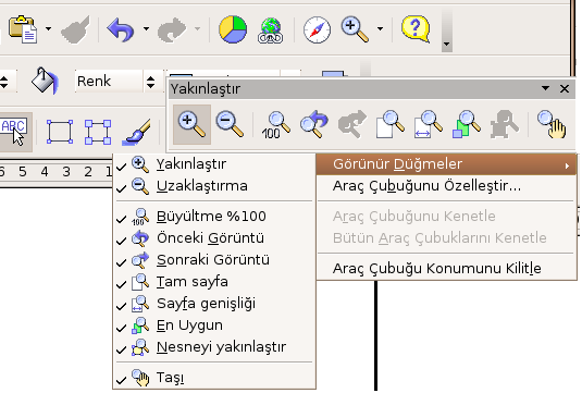 Araç çubukları Şekil 306 Düğmelerin ek özellikleri Şekil 306'de açılan listenin üzerindeki yatay çizgiden tutarak araç çubuğunu ayırabilirsiniz. (bakınız Şekil 307)