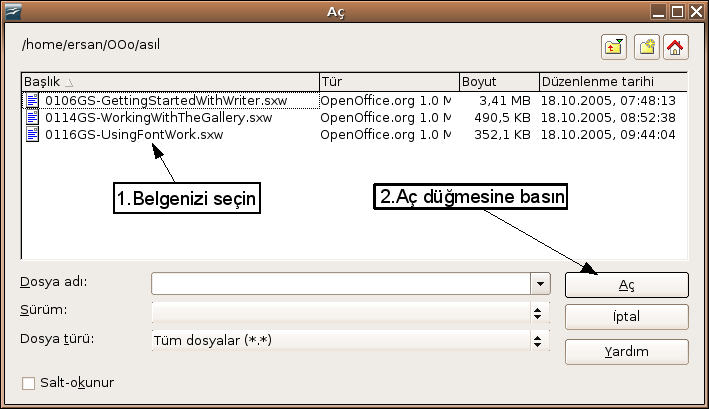 Dosya aç Dosya aç Mevcut olan bir belgeyi açmak için, Menü Araç çubuğundan Dosya > Aç veya Standart Araç çubuğunda ki Aç düğmesine veya klavyeden Ctrl+O tuş bileşenlerini kullanabilirsiniz.