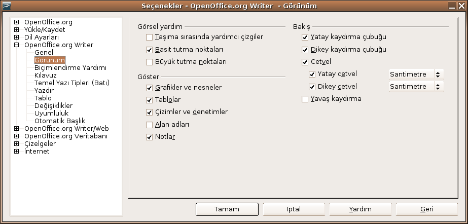 Kelime İşlemcinin Ara yüzü Cetvel Cetveli gizlemek veya açmak için Görünüm > Cetvel yolunu kullanabilirsiniz. Dikey cetveli açmak için Araçlar > Seçenekler > OpenOffice.