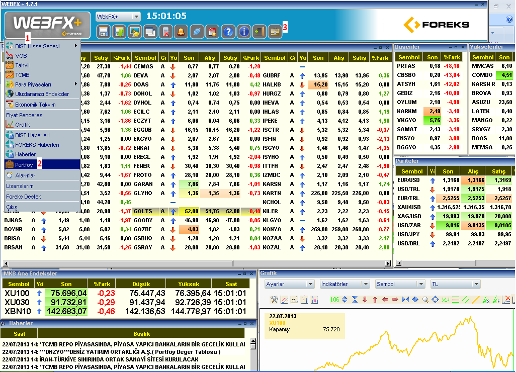 3. Online Borsa Uygulamasında Portföye Bağlantı Açılan WebFX+ ekranı üzerinde iki şekilde portföy ekranına ulaşılabilir: 1.