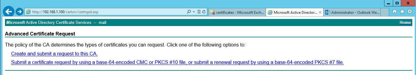 Sertifika isteğinin oluşturulmasının ardından ortamda bulunan CA sunucusuna http://casunucu/certsrv url adresi kullanılarak bağlanılır ve Submit a certificate request... seçeneği tıklanır.