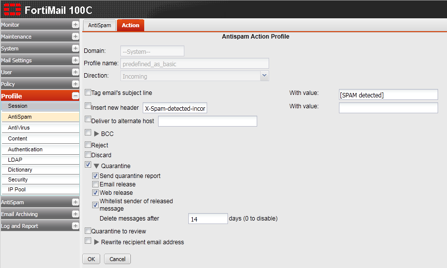 AntiSpam profillerinizde FortiGuard, DNSBL, Bayesian, Heuristic, Dictionary, Banned Word, Black-White Listeleri ve benzeri birçok AntiSpam tekniğini kullanabilirsiniz.