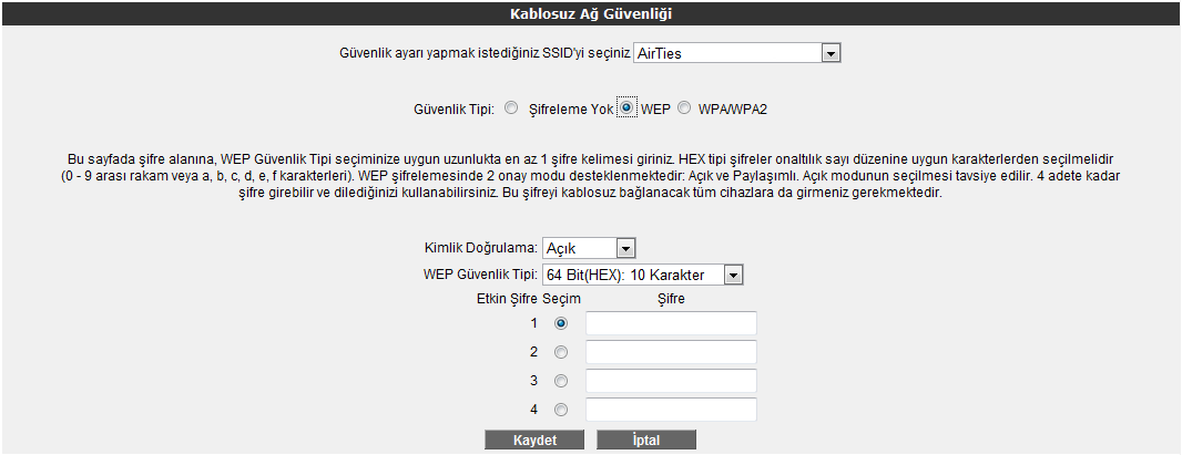 2. Kablosuz Ağ Güvenliği bölümünde WPA/WPA2 kutusunu işaretleyiniz. 3. WPA Tipi kısmında Kişisel seçeneğini işaretleyiniz.