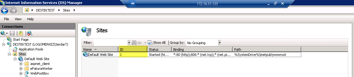 7.15. Web sunucunuzu durdurarak tekrar başlatınız. 8. Efatura sunucu kurulumu için eklediğiniz web sitesinin (Default Web Site) Identifier(ID) değeri 1 olması gerekmektedir.