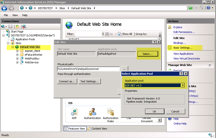 9. ISS Manager'daki Default Web Site üzerinde Application Pool.NET framework version v4.0 olarak belirtilmelidir. Not: Application Pool'da ASP.NET V.4.0 ya da ASP.NET V.4.0 Clasic seçilebilir, her ikisi ile kullanılabilir.
