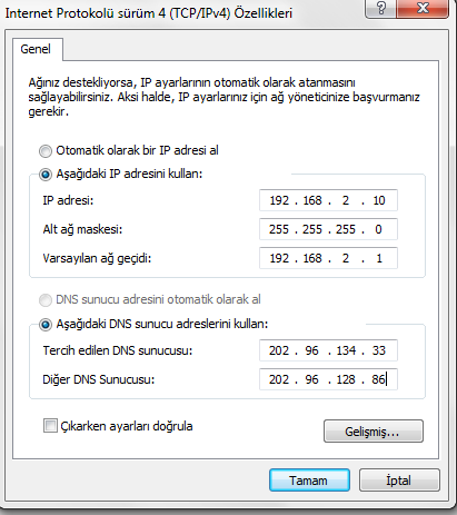 adresini otomatik olarak al seçeneklerini seçiniz. Yapılandırmaları kaydetmek için OK / Tamam butonuna basınız.