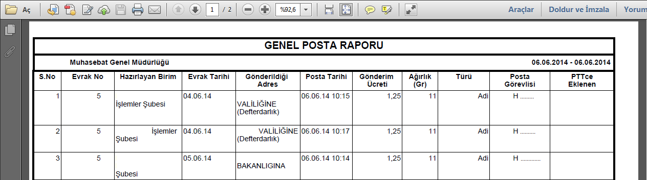 2. Posta Raporu Postaya verilecek evrakları fiziksel