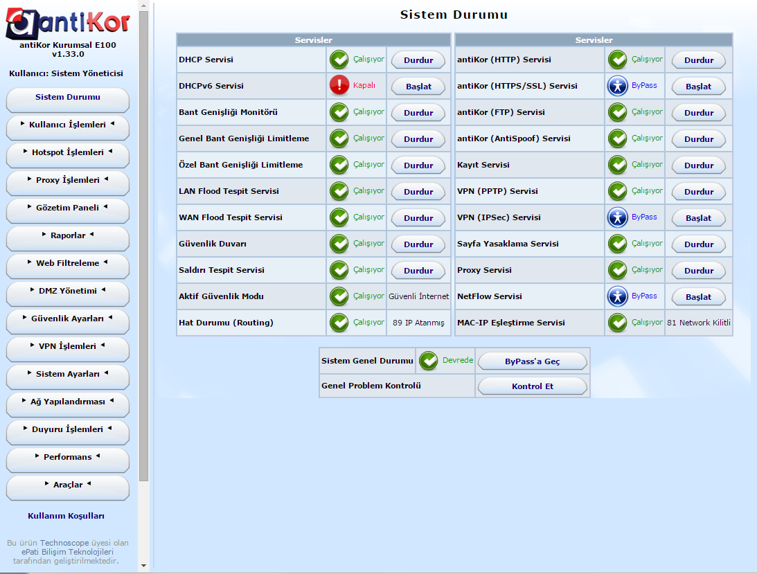 1 antikor Yönetim Panelleri AntiKor G100, S100, S200, P100, P200, E100, E200 ve E300 sürümünde de 15 ana kategori bulunmaktadır.