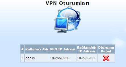 Bunun için kullanıcıların ayar yapmasına gerek yoktur. VPN Oturumları : Sisteme VPN(PPTP) aracılığı ile bağlantı yapanların aktifliğini gösterir.