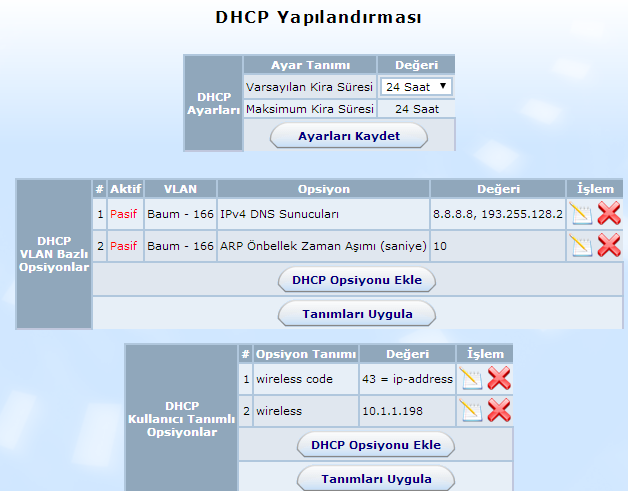 DNS Ayarları : Sistemin kullandığı DNS bilgileridir. Yerel ağdaki bilgisayarlara da bu DHCP den DNS bilgileri dağıtılır. Adres ailesi alanından IPv6 için de DNS adresi eklenebilir.