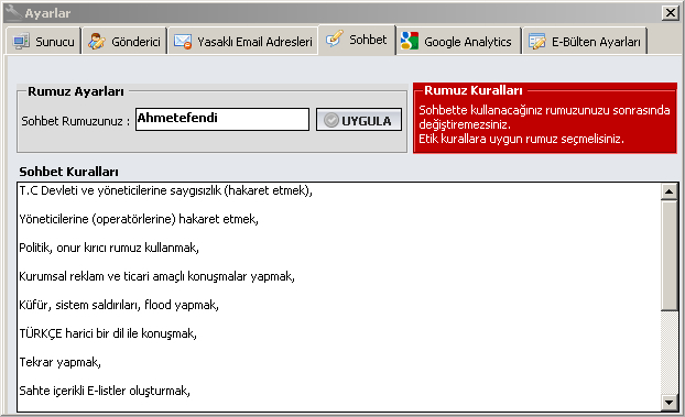 SOHBET Sohbet alanını kullanabilmemiz için bir RUMUZ belirlememiz gerekmektedir. Seçtiğinizi rumuzunuzu değiştiremeyeceğinizi gözönüne alarak dikkatli giriş yapmalısınız.