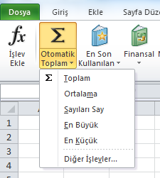 Şekil 82 İşlev Ekle penceresi Otomatik Toplam seçeneği ile seçilecek olan hücreler veya hücre aralıklarında otomatik işlevler yapılmasını sağlar.