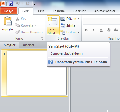 Şekil 116 yeni slayt Giriş Sekmesi ile Slayt İşlemleri: Giriş sekmesindeki yeni slayt sekmesine tıkladıktan sonra ekranda