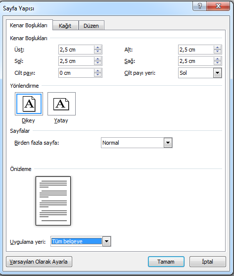 Kenar Boşlukları: Belgenin kenar boşluğu boyutlarını belirlemek için açılan listedeki seçenekler (Şekil 3.103) kullanılabilir. Şekil 3. 103.