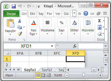 Şekil 2- Çalışma sayfasının son satırı Sütun: Excel de her sayfada dikey bir şekilde sıralanan çubuklara sütun adı verilir. Excel 2010 da bir sayfada A dan XFD ye kadar sütün vardır.