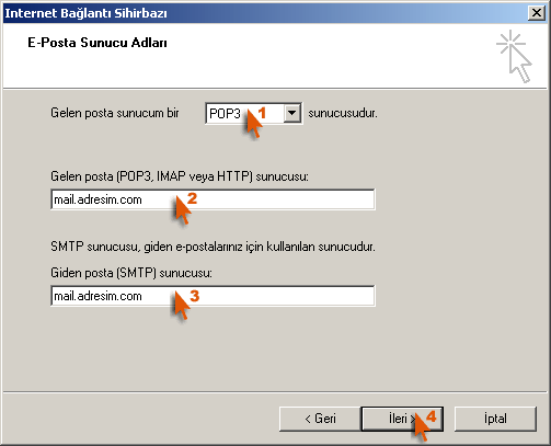 Outlook Express Kurulumu Adım 5 Ekrana gelen pencerede gelen posta sunucum alanında POP3 seçeneğini işaretleyip