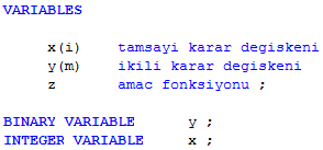 Değişkenler GAMS içindeki bir değişken optimize edilecek modelde veya çözümü aranan denklemlerde üzerinde oynanabilen sayısal bir büyüklük olarak tanımlanır