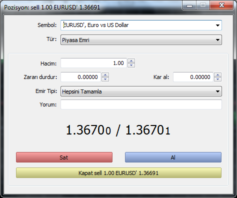 Pozisyon Kapatma Açık bir pozisyon aşağıdaki yollarla kapatılabilir: 1. Emir Penceresi nden Kapat komutunu kullanarak, 2.