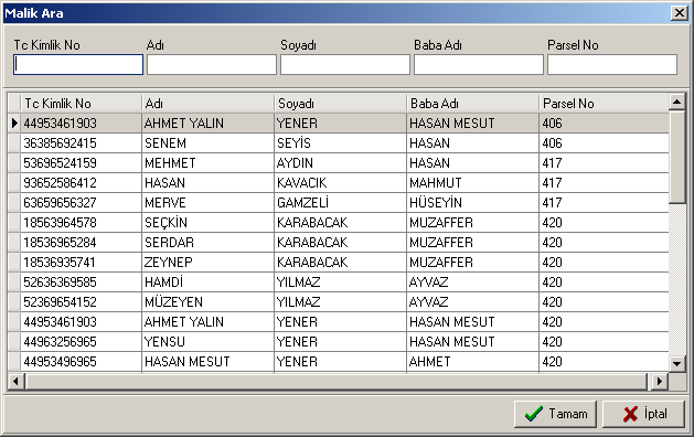 İşlem Nasıl Yapılır? Parsel editörü içinde fare sağ tuşa basılır. ( PARSEL tabakasında olan satır üzerinde) Çıkan menüden Malik Ara seçilir. Çıkan dialogdan istenilen kriter verilir.