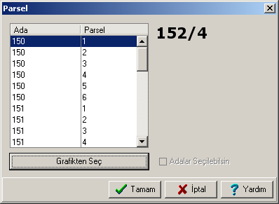 Bu mesaj Evet ile onaylandığında Parsel Seç dialoguna gelinir. Parsel dialogundan ihdas olacak parsel belirlenir. Yoldan ihdas olacak parseller bu dialogdan iki şekilde belirlenir.