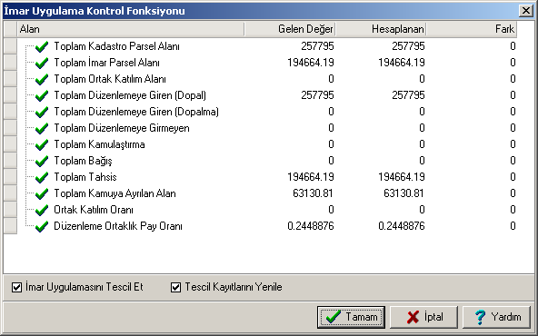 İmar Uygulamasını Tescil Et opsiyonu seçilirse, Kontrolü yapılan İmar Uygulaması sonucu tescil kayıtları oluşturulmuş olur.