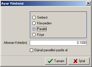 2.12.7. Alan Ayarı Bu işlem ile sayısallaştırma sonucu elde edilen kadastro parsellerinin alanları seçenekli olarak ayarlanabilir.