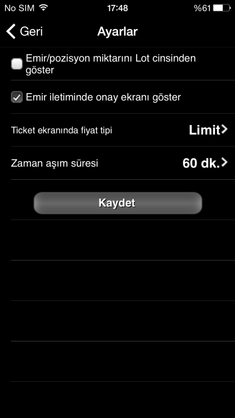 2.16 FX Emir Ekranları 2.16.1 FX Emir Ekran Ayarları Osmanlı Menkul FX Trader iphone uygulamasında FX piyasasına özgü emir