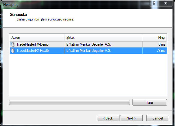 Gelen ekranda TradeMasterFX-Real5 seçilir ve Tara butonuna basılır.
