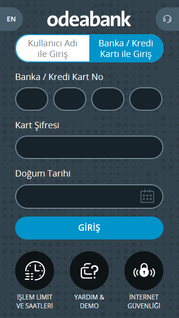 Odeabank kartınız varsa ve İnternet Şubesi ne kayıt olmadıysanız, İnternet Şubesi ne kart bilgileriniz ile giriş yaparak kısıtlı bir menü setine ulaşabilirsiniz.