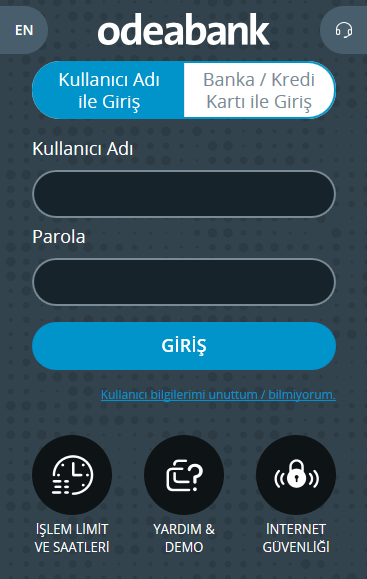 Odeabank kullanıcı adınız ve parolanız ile giriş yaparak kapsamlı bir işlem setine ulaşabilirsiniz.