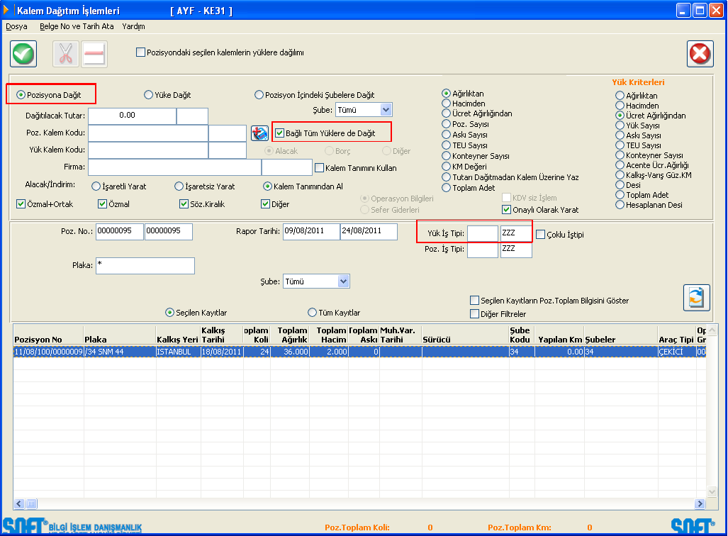 Kalem Dağıtım İşlemleri ekranında Pozisyondaki Seçilen Kalemlerin Yüklere Dağılımı seçeneği işaretlenir.