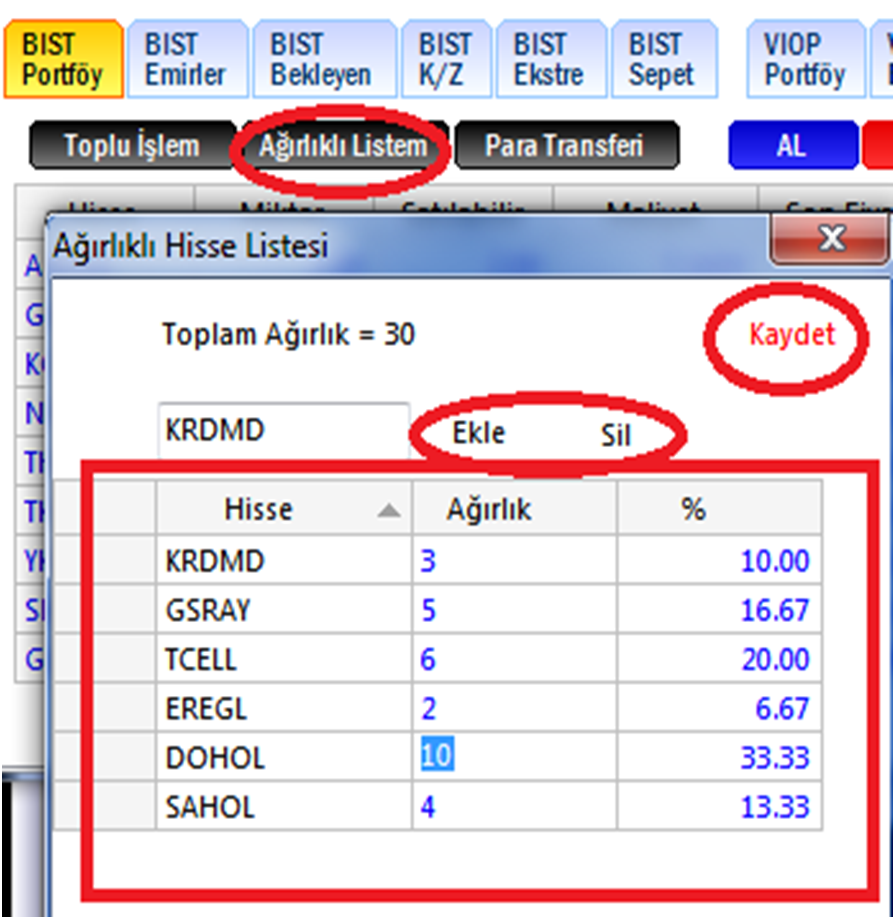 5- Ağırlık Listem butonuna basılarak, kendi özel senet listenizi yaratıp, her senede ayrı bir ağırlık atayabilirsiniz.