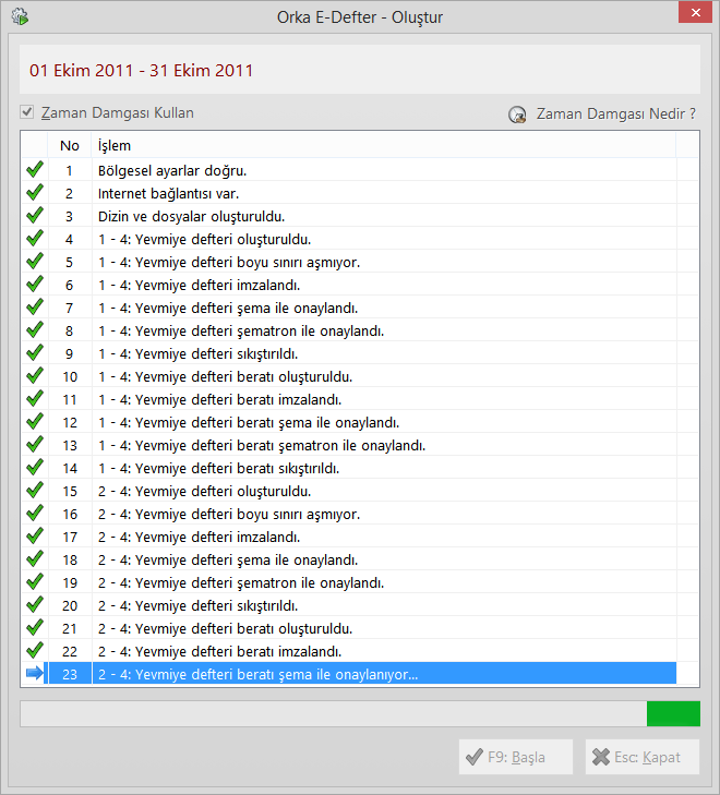E-Defter Oluşturulurken, program bir dizi kontrolleri otomatik olarak yapar. Eğer bu kontrollerde hatalar oluşursa, bu ekran üzerinden kullanıcıya hatalarla ilgili mesajlar verilir.