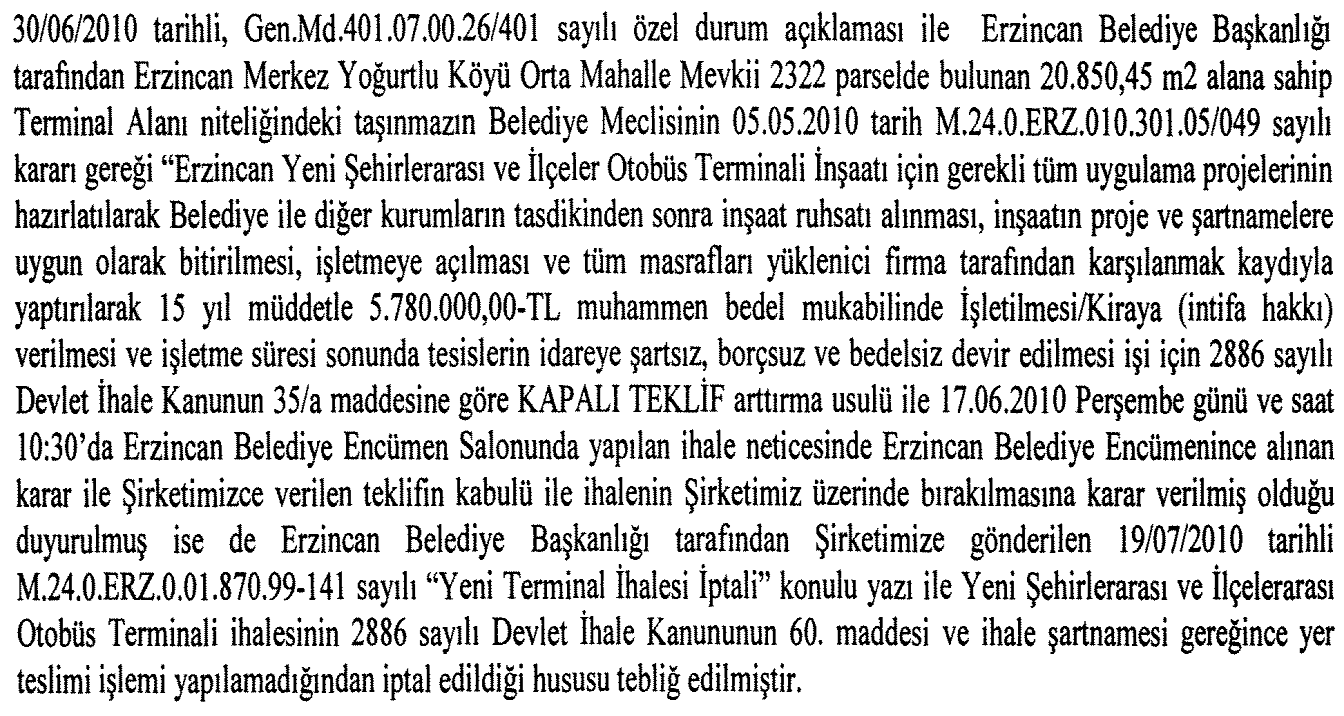3. Kurulumuz kaydında bulunan ve hisse senetleri İMKB de işlem görmeyen Büyük İstanbul Otobüs İşletmeleri A.Ş. nin 21.07.2010 tarihli özel durum açıklaması aşağıdadır: MERKEZ Eskişehir Yolu 8.