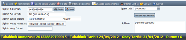 OEB Oluştur butonuna basıldıktan sonra sistem gerçekleştirilen ödeme emri belgesinin tahakkuk işlem numarası ve tahakkuk tarihini ekranda sarı renkle gösterir.