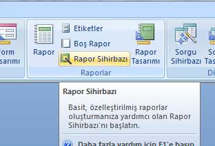 RAPOR OLUŞTURMAK Rapor, tablolardaki bilgileri düzenli bir sayfa dizaynı oluşturarak kağıda dökmek için kullanılır. Ayrıca ekran üzerinde takip işlemi içinde kullanılır.