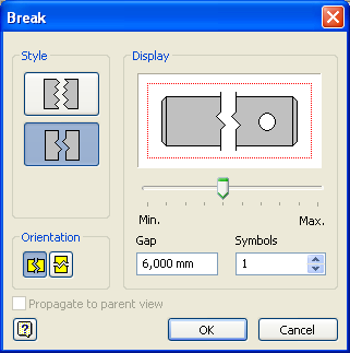 SAYISAL GRAFİK Autodesk Inventor 2008 Tanıtma ve Kullanma Kılavuzu Style ile kırıklı görünüşün nasıl görüntüleneceği tanımlanır; Gap görünüşteki mesafedir. Kırığın başlayacağı nokta işaretlenir.