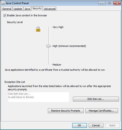 Java Denetim Masası yoluyla Güvenlik düzeylerini ayarlama 1. Java Denetim Masası'nda Güvenlik sekmesine tıklayın. 2. Güvenlik düzeyini Medium olarak seçin. 3. Uygula'ya tıklayın. 4.