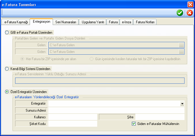 Entegrasyon sekmesinde e-faturanın GĐB egönderme yöntemi belirlenir.