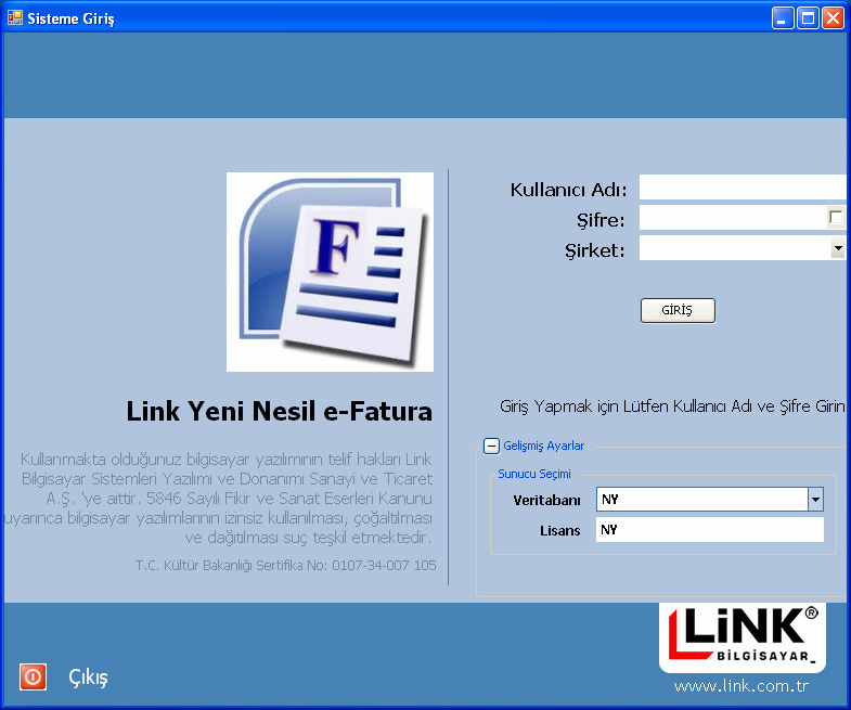 Yeni Nesil e-fatura Programı Program açıldığında ilk olarak kullanıcı ve veritabanı bilgilerinin girildiği sisteme giriş ekranı gelmektedir.