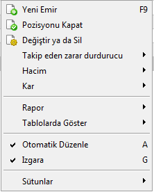 Pencere aşağıdaki sayfalardan oluşur: 1. İşlem 2. Risk analizi 3. Geçmiş 4. Haberler 5. Posta kutusu 6. Uyarılar 7. Uzmanlar 8. Günlük 1.