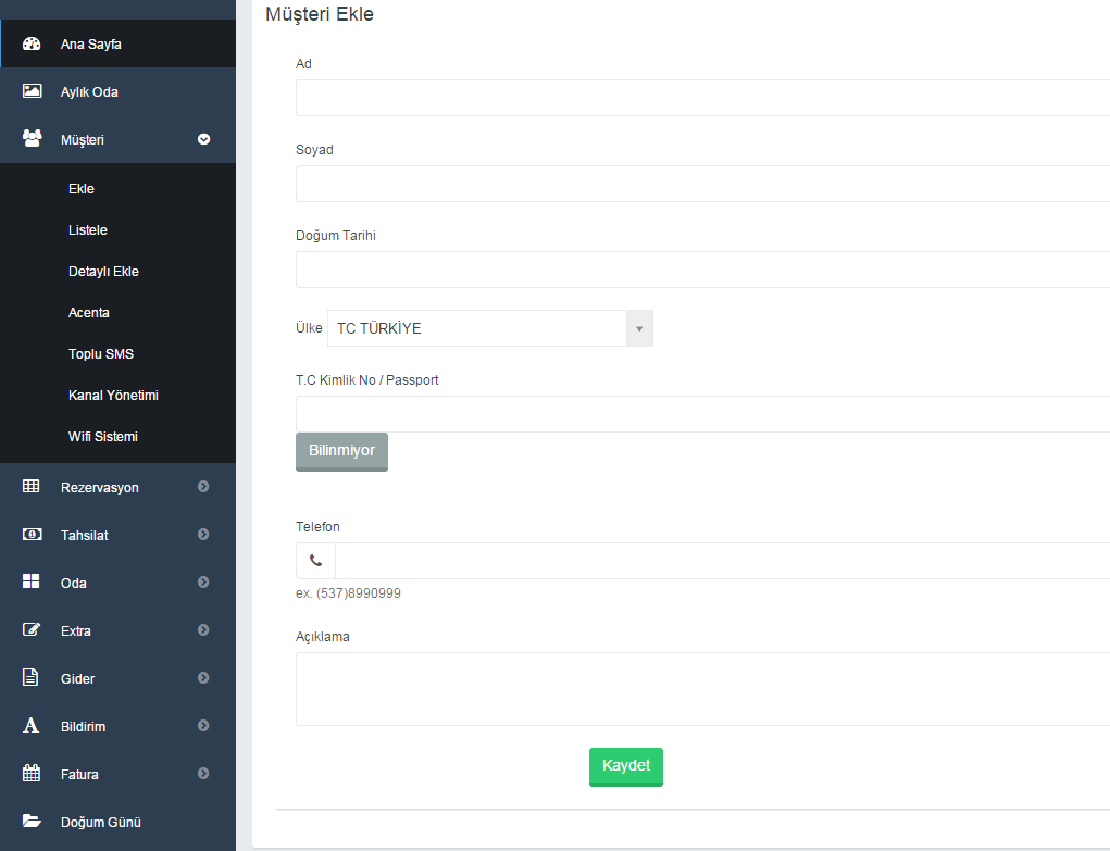 2-MÜŞTERİLER BÖLÜMÜ Ekle Listele- Detaylı Ekle- Acenta- Toplu Sms Müşteriler bölümünde müşteri kayıt işlemlerini detaylı şekilde yapabilir, müşteri listesini görüntüleyebilir, acenta