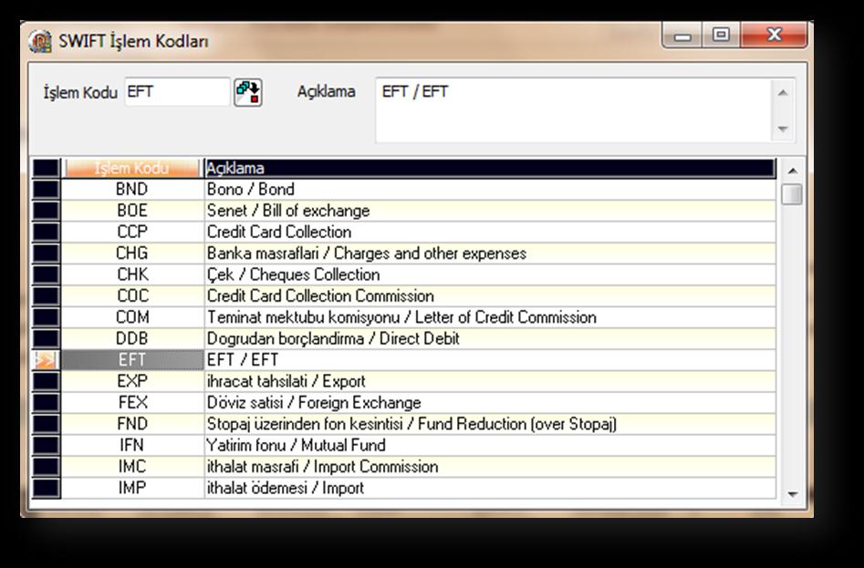 İşlem Kodları Banka hesap hareketine ait işlem kodları bu bölümde tanımlanabilecektir. Sistem üzerinde standart işlem kodları otomatik olarak oluşturulmaktadır.