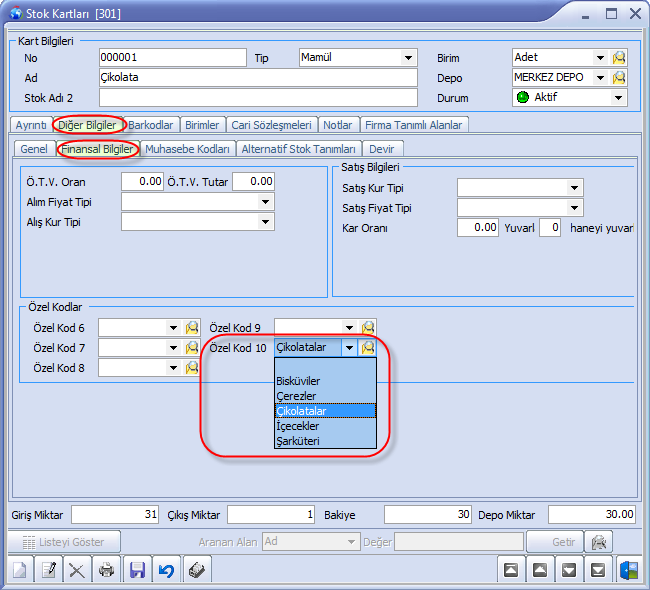 Stok kartları tanımlanırken Özel Kod 10 alanında stoklar gruplarına göre