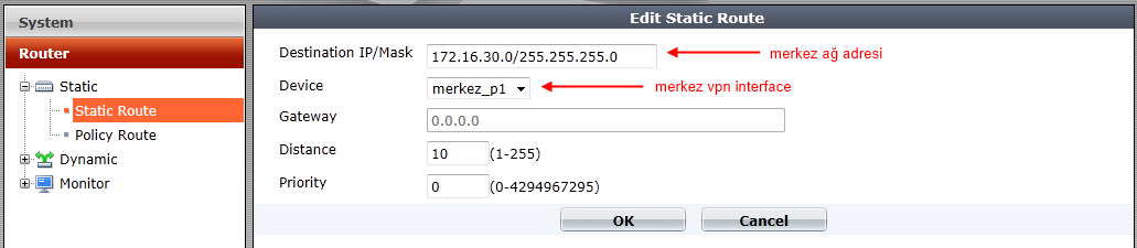 Şube (B) FortiGate Ayarları (Şube(B) Merkez) arası VPN için Phase 1 Ayarları.