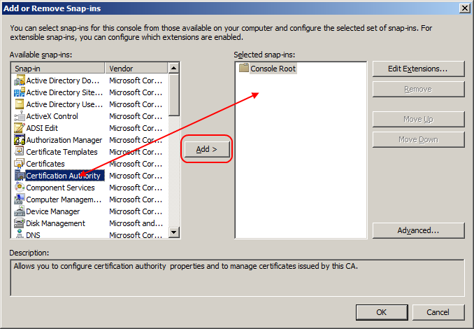 Start > Run bölümünden mmc yazarak Microsoft Management Console programını çalıştırınız. File menüsünden Add/Remove Snap-in.