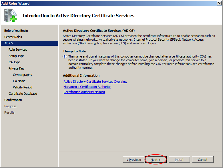 Gelen listede Active Directory Certificate Services