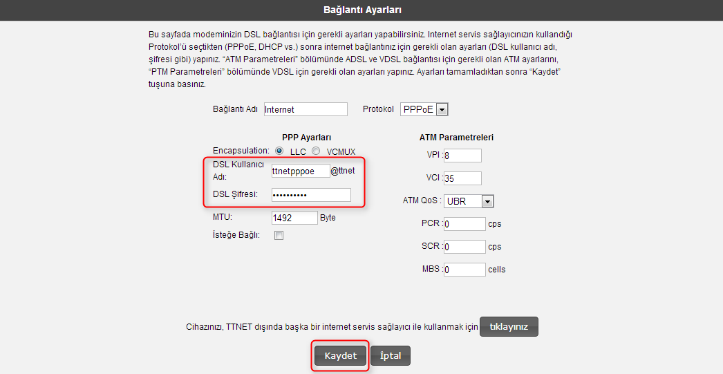 4. Cihazınızın web ara yüzünde, sol tarafta İnternet menüsüne tıkladığınızda, alt menü olarak ilk önce İnternet Ayarları kısmını göreceksiniz. Bu kısımdan cihazınızın ADSL ayarlarını yapabilirsiniz.