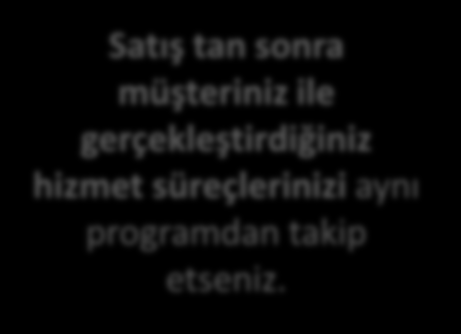 Satış tan sonra müşteriniz ile gerçekleştirdiğiniz hizmet süreçlerinizi aynı programdan takip etseniz. MÜŞTERİNİZ İLE SATIŞ SONRASI SÜREÇLERİNİZİ, SÖZLEŞMELERİNİZİ, VERİLEN HİZMETLERİNİZİ TAKİP EDİN!